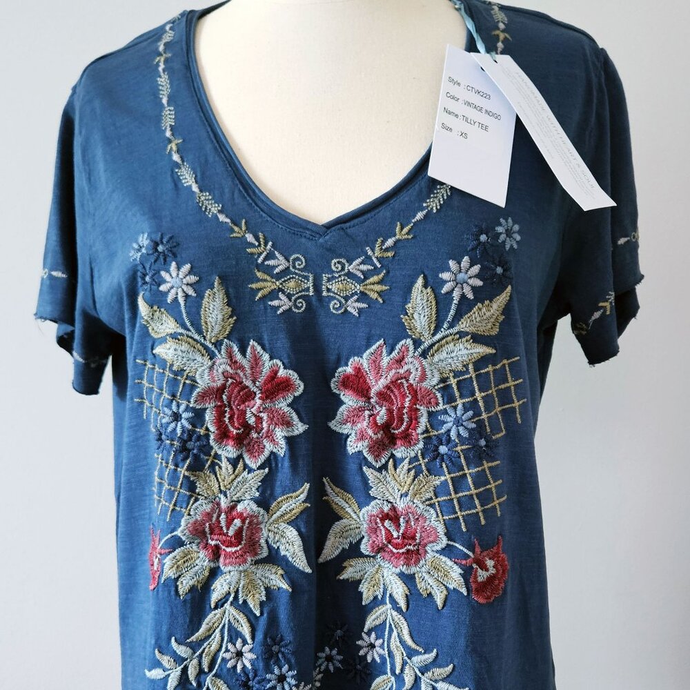 CAITE Embroidered Tilly Tee Sized XS Color is Vintage Indigo NWT